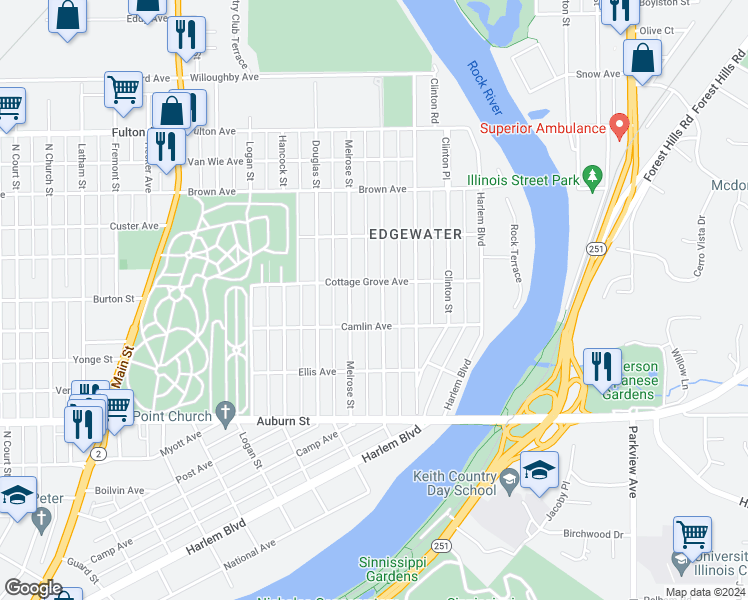 map of restaurants, bars, coffee shops, grocery stores, and more near 1926 Cumberland Street in Rockford