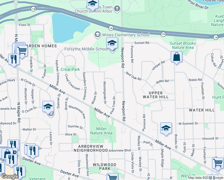 map of restaurants, bars, coffee shops, grocery stores, and more near 1205 Westport Road in Ann Arbor