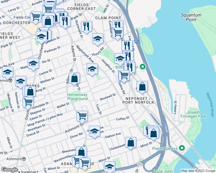 map of restaurants, bars, coffee shops, grocery stores, and more near 22 North Munroe Terrace in Boston