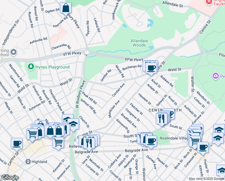 map of restaurants, bars, coffee shops, grocery stores, and more near 17 Ravenna Road in Boston
