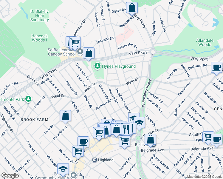 map of restaurants, bars, coffee shops, grocery stores, and more near 160 Theodore Parker Road in Boston