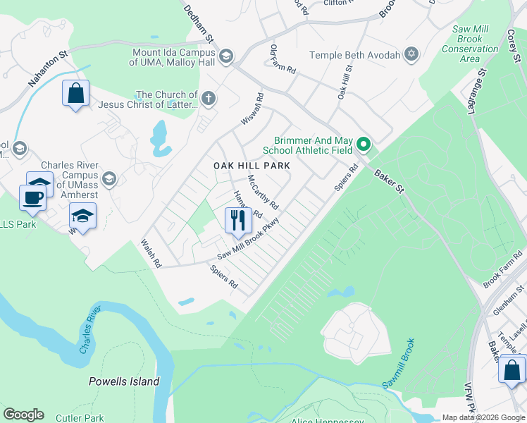 map of restaurants, bars, coffee shops, grocery stores, and more near 29 Hanson Road in Newton