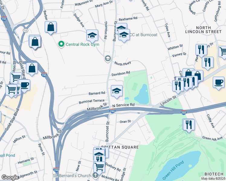 map of restaurants, bars, coffee shops, grocery stores, and more near 4 Belvidere Avenue in Worcester