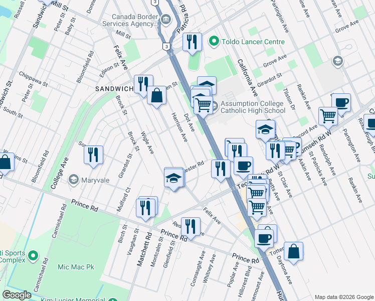 map of restaurants, bars, coffee shops, grocery stores, and more near 1212 Lena Avenue in Windsor
