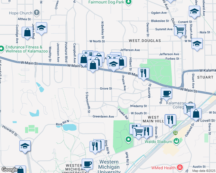 map of restaurants, bars, coffee shops, grocery stores, and more near 110 North Berkley Street in Kalamazoo