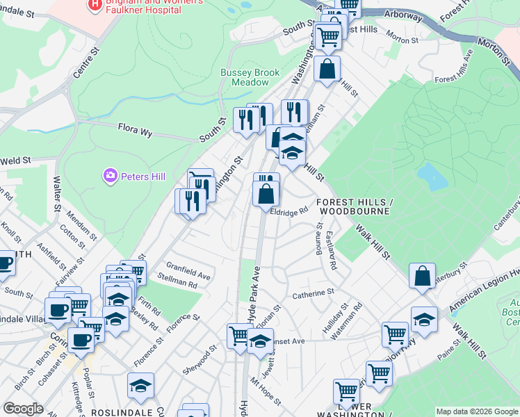 map of restaurants, bars, coffee shops, grocery stores, and more near 265 Hyde Park Avenue in Boston