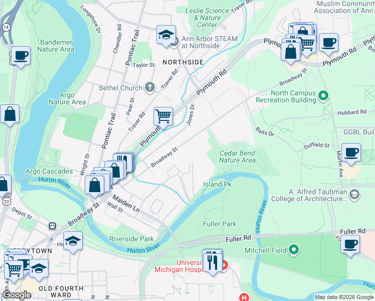 map of restaurants, bars, coffee shops, grocery stores, and more near 1504 Broadway Street in Ann Arbor