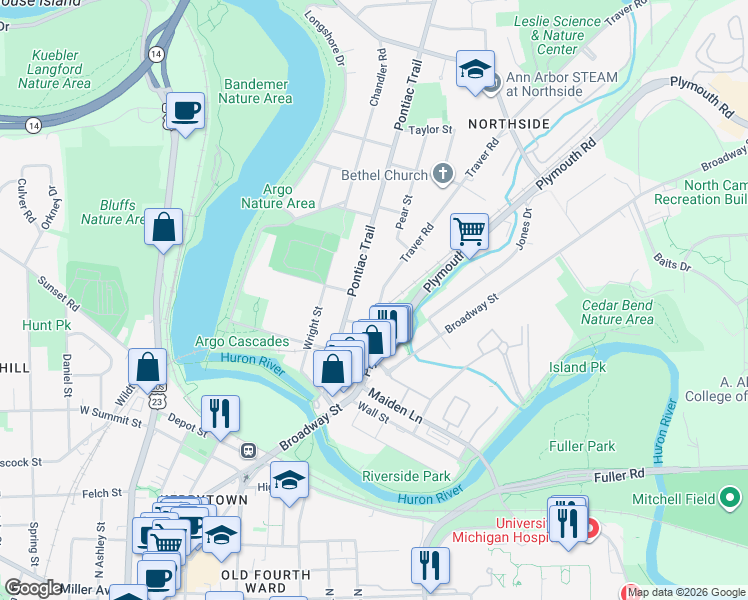 map of restaurants, bars, coffee shops, grocery stores, and more near 1223 Traver Street in Ann Arbor