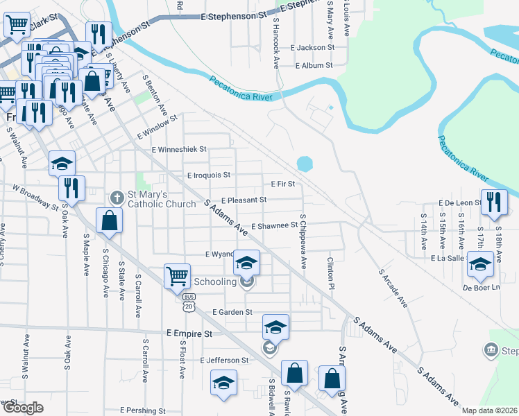 map of restaurants, bars, coffee shops, grocery stores, and more near 710 South Kenwood Avenue in Freeport