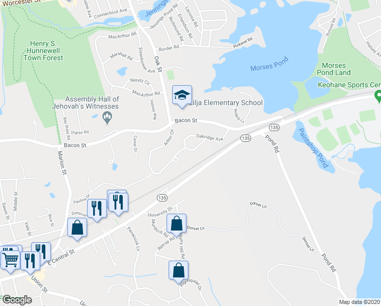 map of restaurants, bars, coffee shops, grocery stores, and more near 30 Oakridge Avenue in Natick
