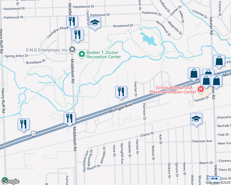 map of restaurants, bars, coffee shops, grocery stores, and more near 2326 Spring Hill Ave in Inkster