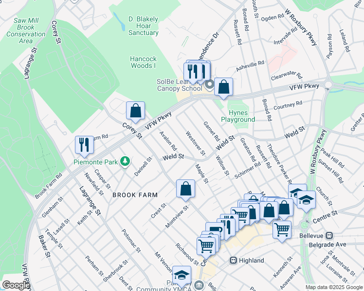 map of restaurants, bars, coffee shops, grocery stores, and more near 192 Maple Street in Boston