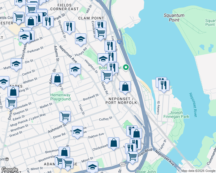 map of restaurants, bars, coffee shops, grocery stores, and more near 535-555 Freeport St in Boston
