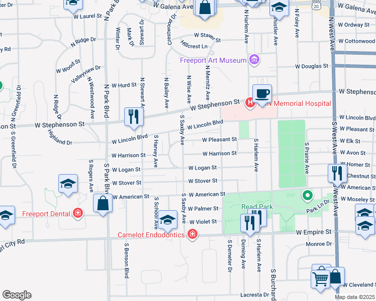map of restaurants, bars, coffee shops, grocery stores, and more near 1274 West Harrison Street in Freeport