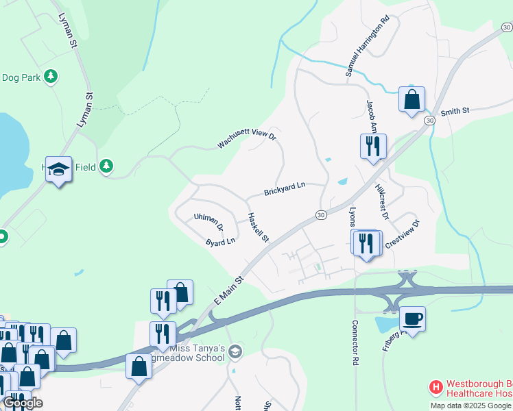 map of restaurants, bars, coffee shops, grocery stores, and more near 11 Haskell Street in Westborough