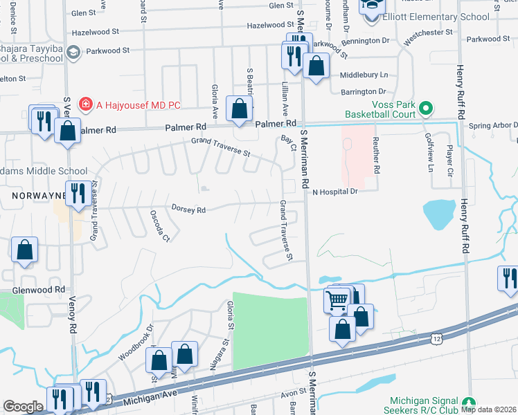 map of restaurants, bars, coffee shops, grocery stores, and more near 31903 Roscommon Street in Westland