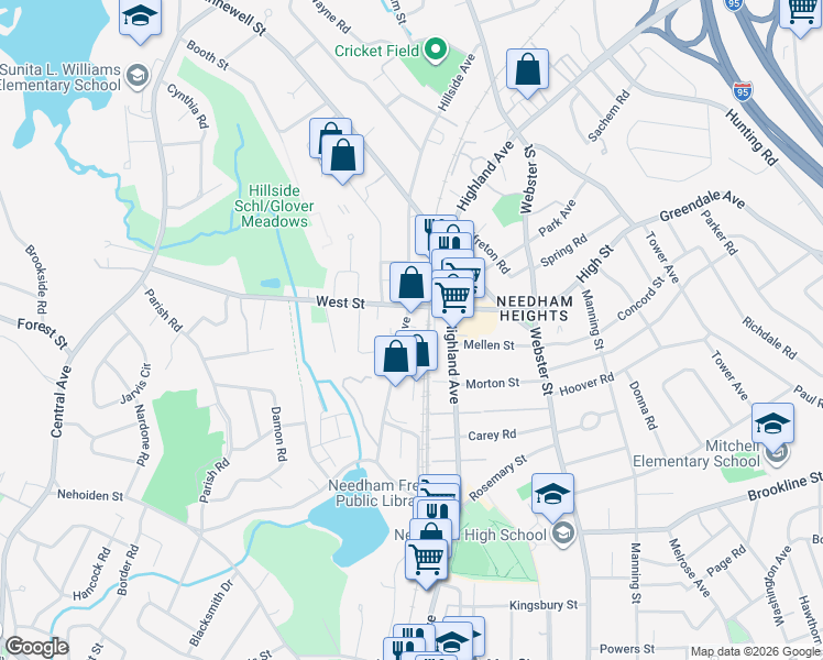 map of restaurants, bars, coffee shops, grocery stores, and more near 388 Hillside Avenue in Needham
