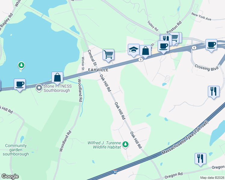 map of restaurants, bars, coffee shops, grocery stores, and more near 30 Oak Hill Road in Southborough