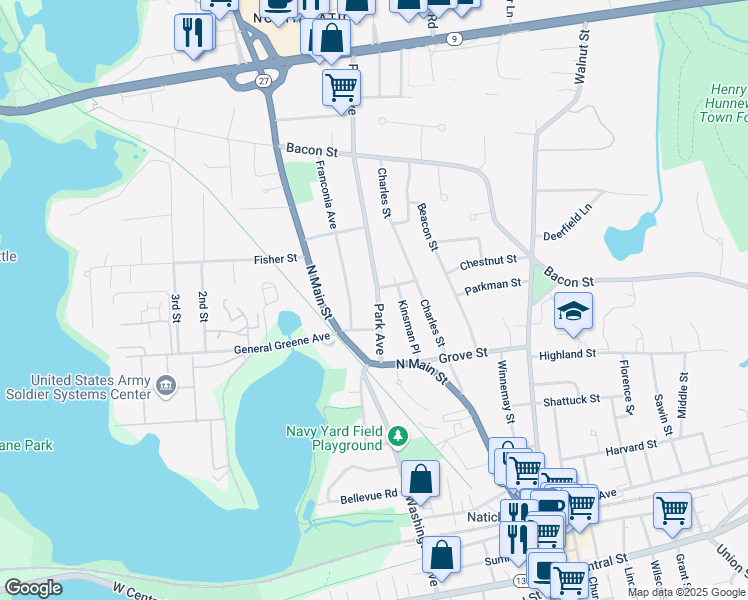 map of restaurants, bars, coffee shops, grocery stores, and more near 18 Park Avenue in Natick