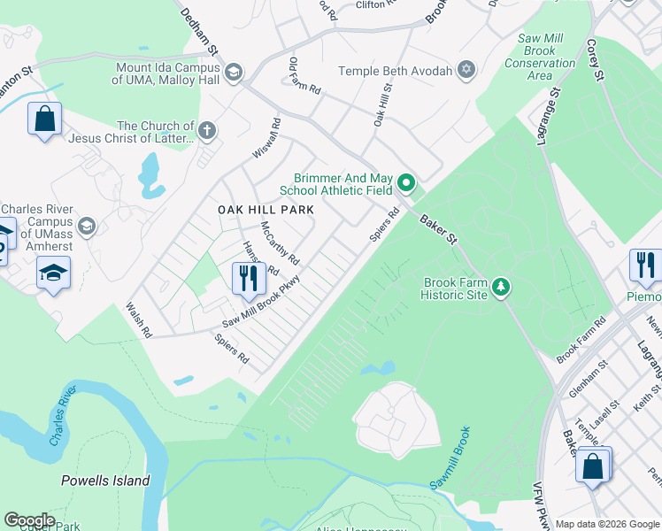 map of restaurants, bars, coffee shops, grocery stores, and more near 15 B Roadway in Newton