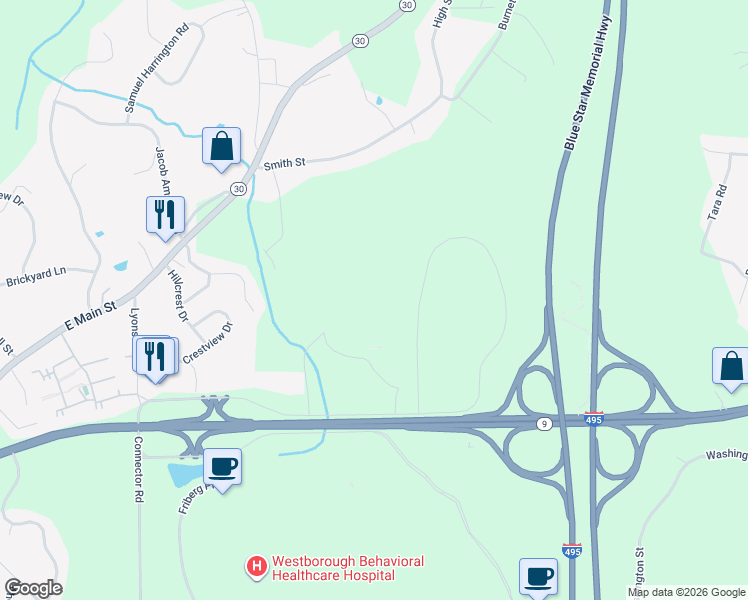 map of restaurants, bars, coffee shops, grocery stores, and more near 4400 Computer Drive in Westborough