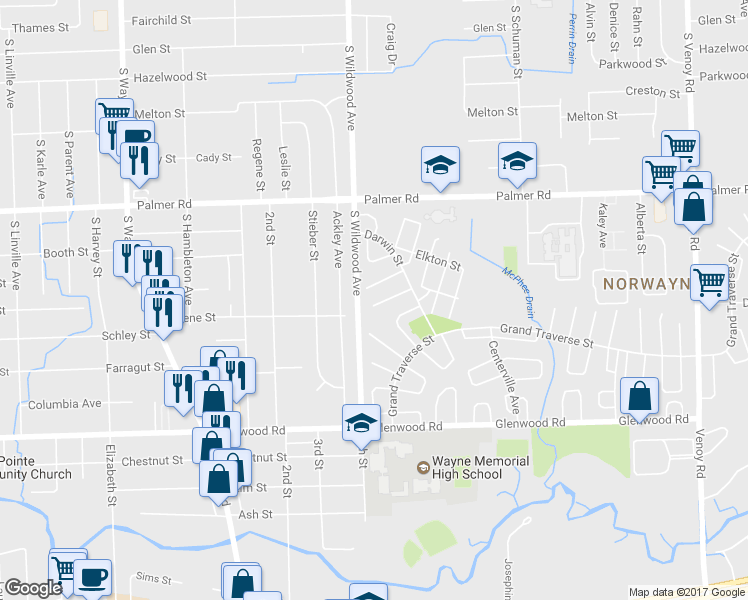 map of restaurants, bars, coffee shops, grocery stores, and more near 2243 Delton Court in Westland