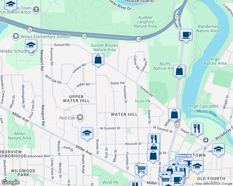 map of restaurants, bars, coffee shops, grocery stores, and more near 615 Cressfield Lane in Ann Arbor