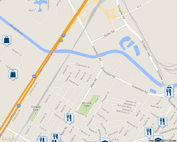 map of restaurants, bars, coffee shops, grocery stores, and more near 17134 Wood St in Melvindale