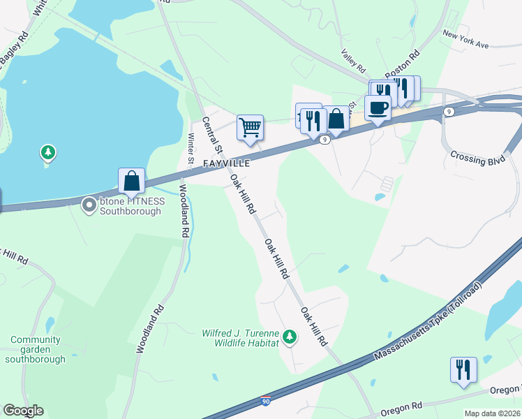 map of restaurants, bars, coffee shops, grocery stores, and more near 30 Oak Hill Road in Southborough
