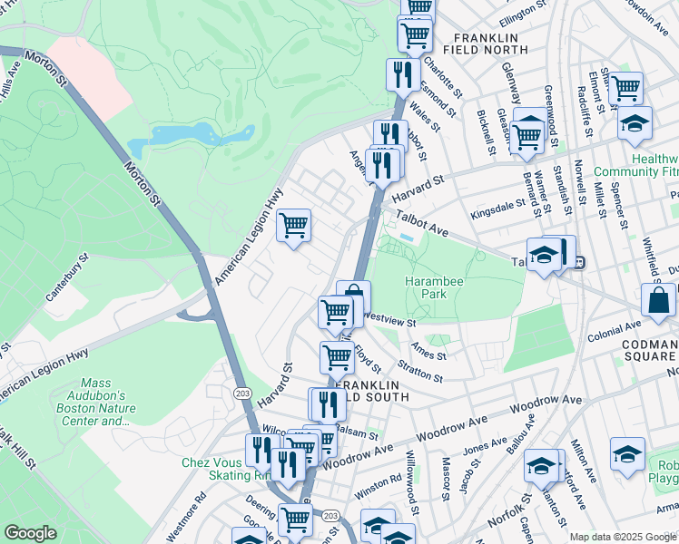 map of restaurants, bars, coffee shops, grocery stores, and more near 332 Harvard Street in Boston