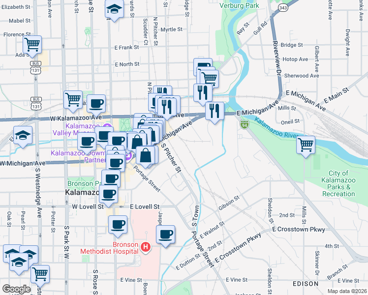 map of restaurants, bars, coffee shops, grocery stores, and more near 298 Rochester Avenue in Kalamazoo