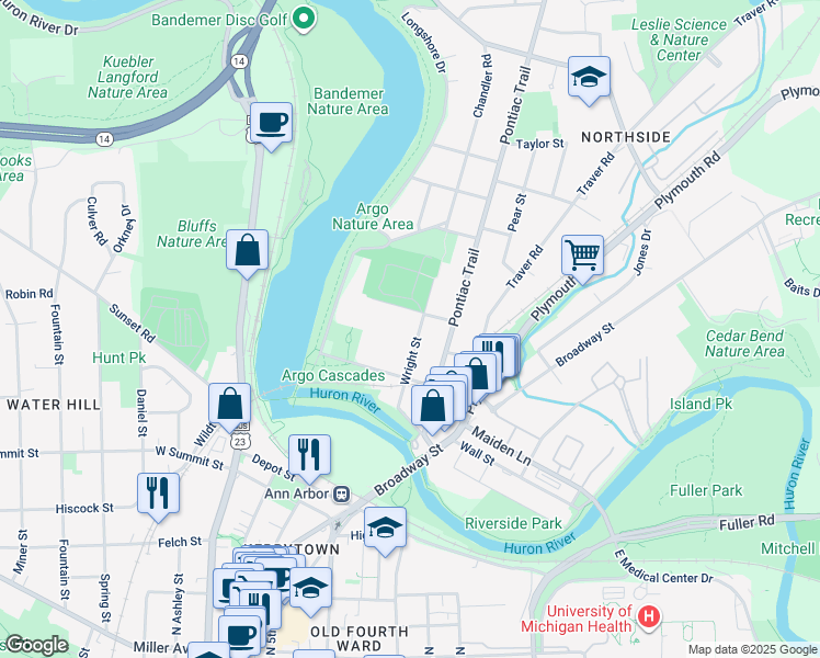 map of restaurants, bars, coffee shops, grocery stores, and more near 1211 Wright Street in Ann Arbor