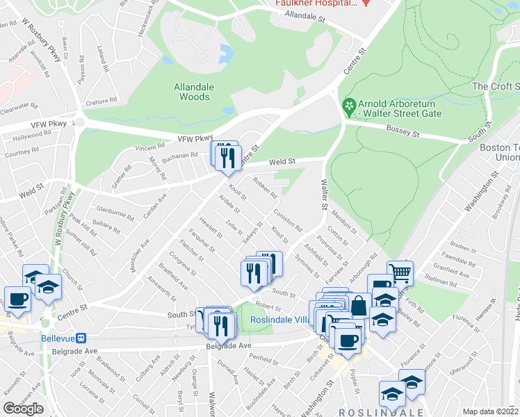 map of restaurants, bars, coffee shops, grocery stores, and more near 51 Knoll Street in Boston