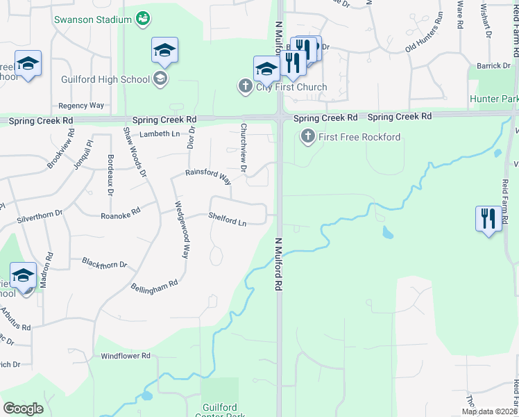 map of restaurants, bars, coffee shops, grocery stores, and more near 5979 Sandringham Lane in Rockford