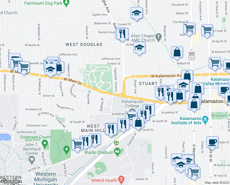 map of restaurants, bars, coffee shops, grocery stores, and more near 225 Ingleside Terrace in Kalamazoo