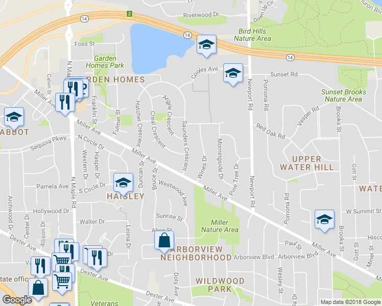 map of restaurants, bars, coffee shops, grocery stores, and more near 1200 Saunders Crescent in Ann Arbor
