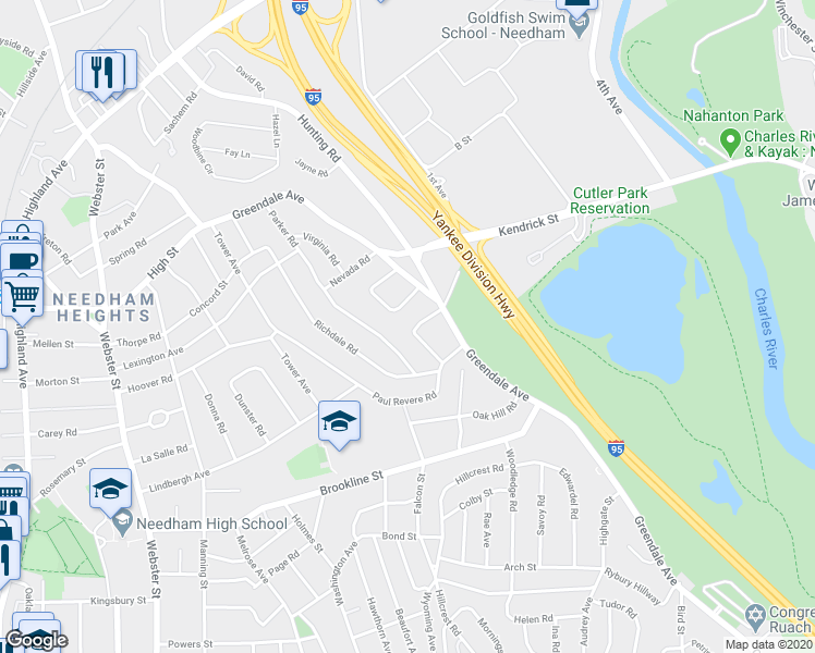 map of restaurants, bars, coffee shops, grocery stores, and more near 29 Rosalie Road in Needham