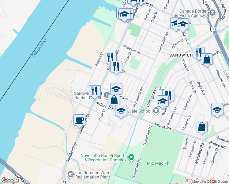 map of restaurants, bars, coffee shops, grocery stores, and more near 3597 Peter Street in Windsor