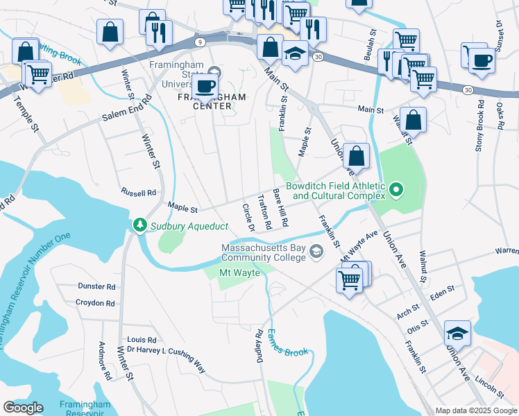 map of restaurants, bars, coffee shops, grocery stores, and more near 11 Trafton Road in Framingham