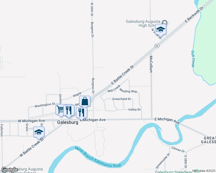 map of restaurants, bars, coffee shops, grocery stores, and more near 203 East Battle Creek Street in Galesburg