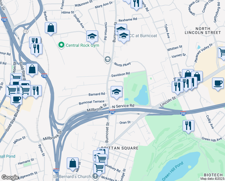 map of restaurants, bars, coffee shops, grocery stores, and more near 4 Belvidere Avenue in Worcester