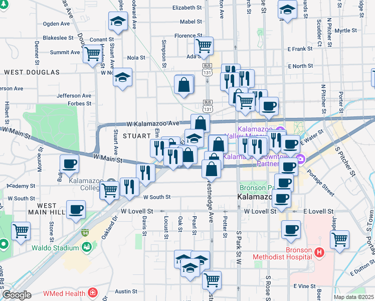 map of restaurants, bars, coffee shops, grocery stores, and more near 205 Old Orchard Place in Kalamazoo