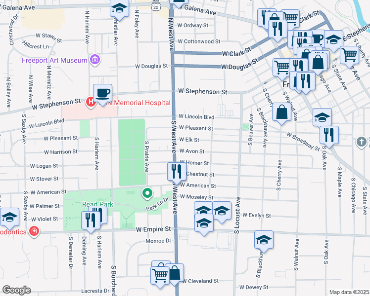 map of restaurants, bars, coffee shops, grocery stores, and more near 762 West Avon Street in Freeport