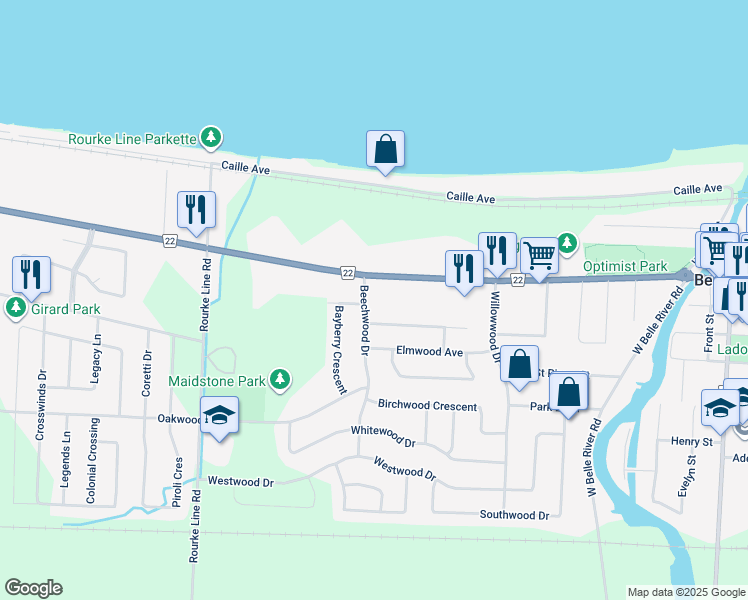 map of restaurants, bars, coffee shops, grocery stores, and more near 208 Beechwood Drive in Belle River