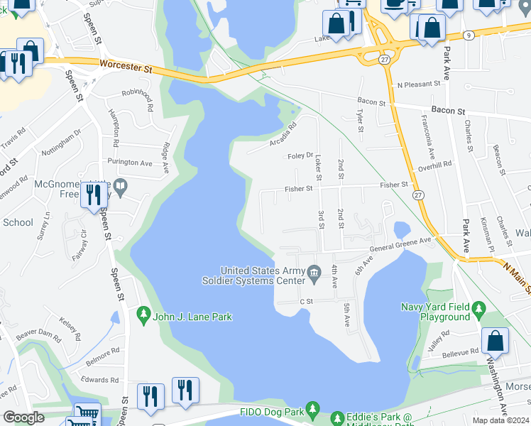 map of restaurants, bars, coffee shops, grocery stores, and more near 8 Lakewood Road in Natick