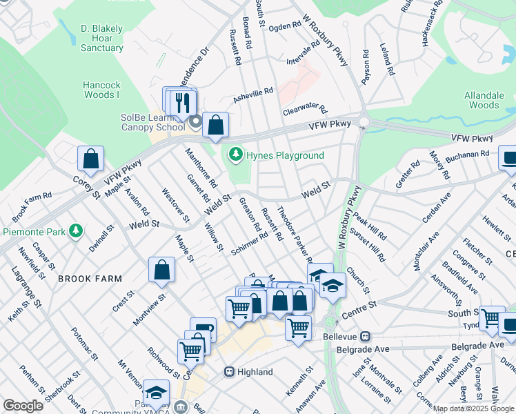 map of restaurants, bars, coffee shops, grocery stores, and more near 140 Russett Road in Boston