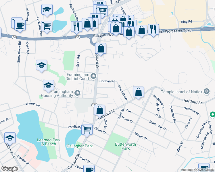 map of restaurants, bars, coffee shops, grocery stores, and more near 36 Belvidere Avenue in Framingham