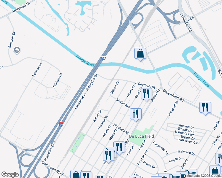 map of restaurants, bars, coffee shops, grocery stores, and more near 17187 Robert St in Melvindale