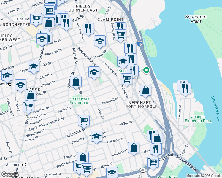 map of restaurants, bars, coffee shops, grocery stores, and more near in Boston