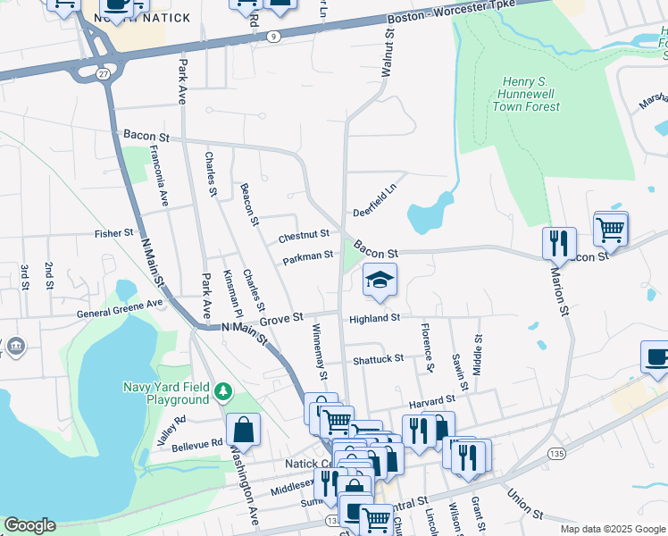 map of restaurants, bars, coffee shops, grocery stores, and more near 6 Fiske Street in Natick